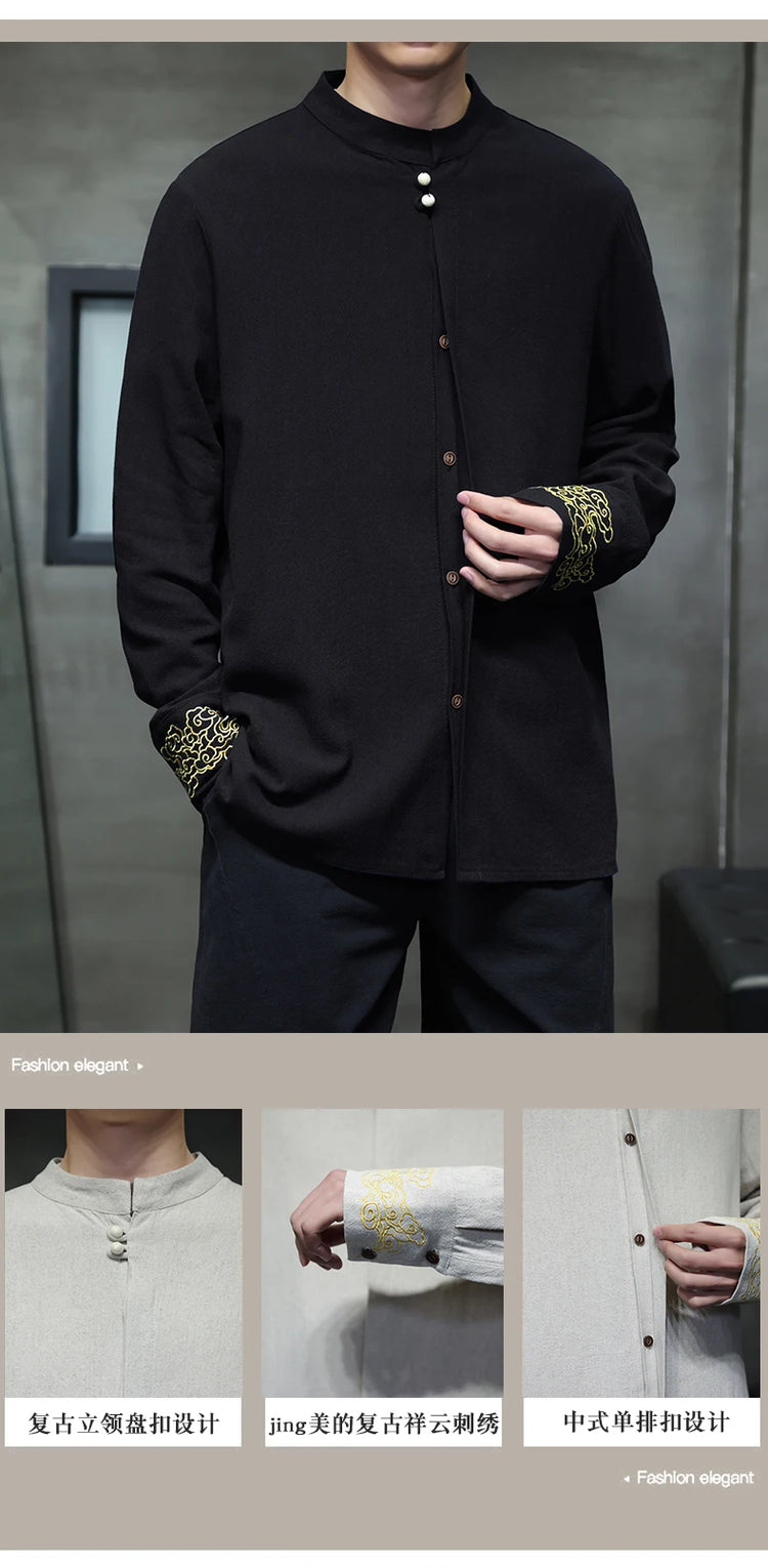 Camicie da Uomo di Alta Qualità con Ricami in Stile Cinese, Colletto Rialzato Retrò, in Lino Comodo e Traspirante, Camicie Casual da Uomo