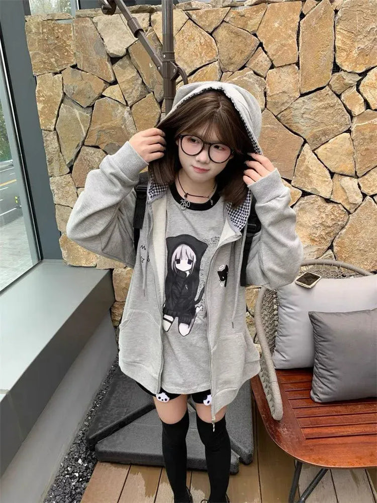 Ropa Mujer Japanese Cute Hoodies Coats Cute Cat Print Hooded Sweatshirts Y2K Tops Women Clothing Casual Zipper Loose Hoodie