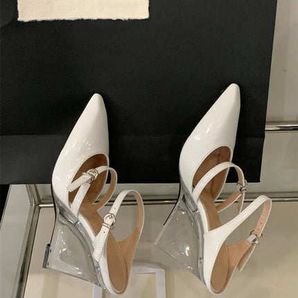 Liyke New Fashion Transparent Wedge Slippers Women Pumps Patent Leather Pointed Toe Buckle Strap Designer High Heels Mules Shoes PlatiNum