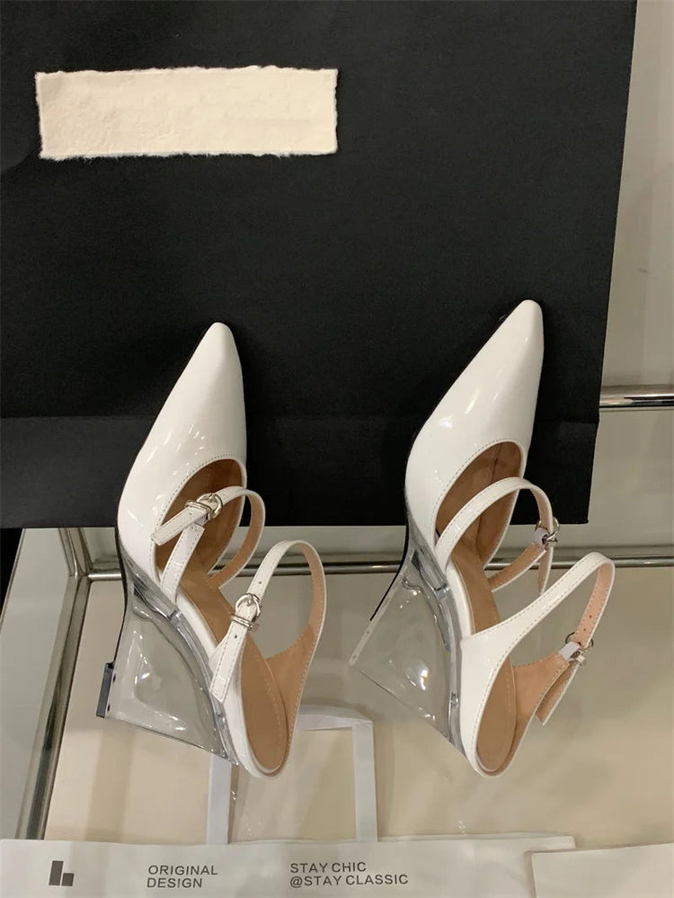 Liyke New Fashion Transparent Wedge Slippers Women Pumps Patent Leather Pointed Toe Buckle Strap Designer High Heels Mules Shoes PlatiNum
