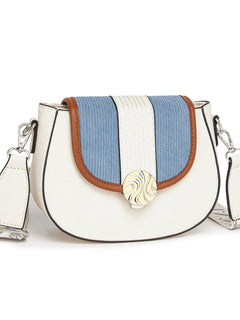 Miss Lulu Ethno-shoulder bag PU leather with Corduroy Detail & Adjustable Strap, Blue-Beige