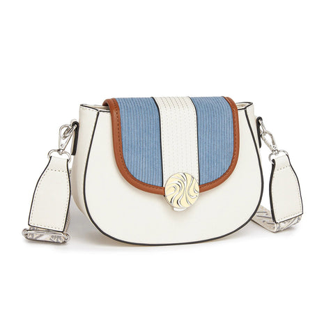 Miss Lulu Ethno-shoulder bag PU leather with Corduroy Detail & Adjustable Strap, Blue-Beige PlatiNum
