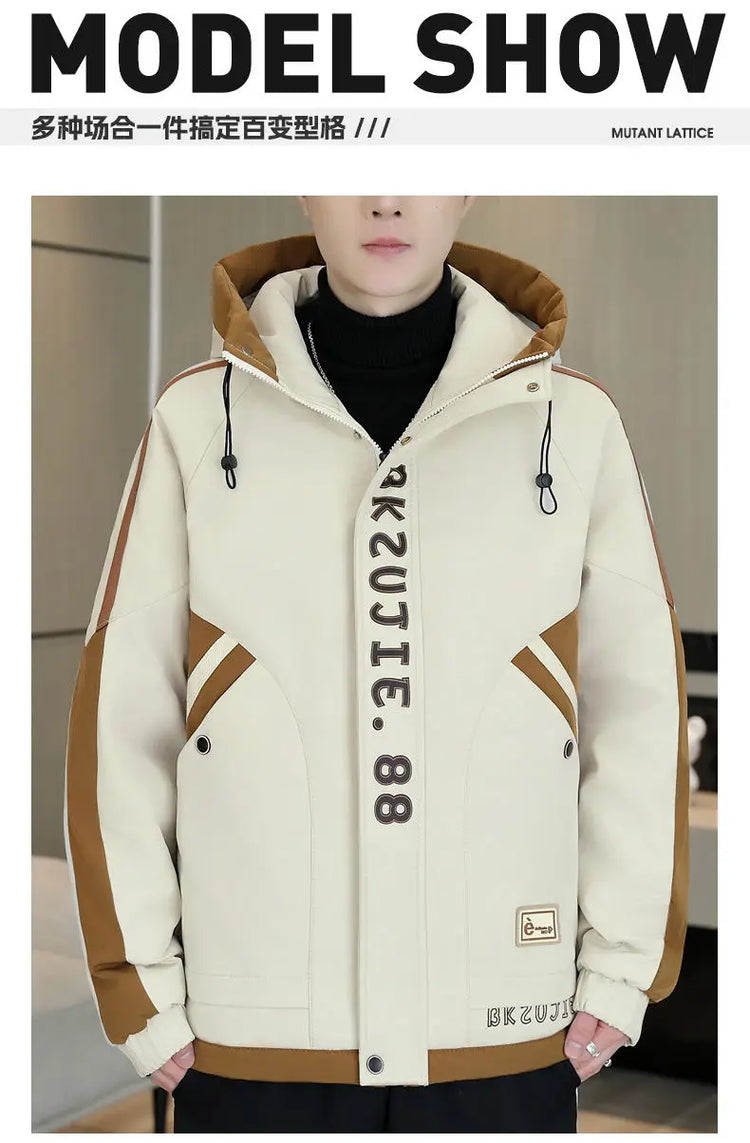 Fashion Autumn Winter Men's Hooded Fleece Jackets Youth High Streetwear Casual Plush Liner Coats Windproof Padded Tops Clothing