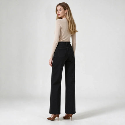Women High Waist Black Flared Stretch Jeans, Loose Fit Denim Pants with Stitching Details, Elegant Casual Fashion Trousers for All Seasons, Sizes XS-XL Fx1338-1