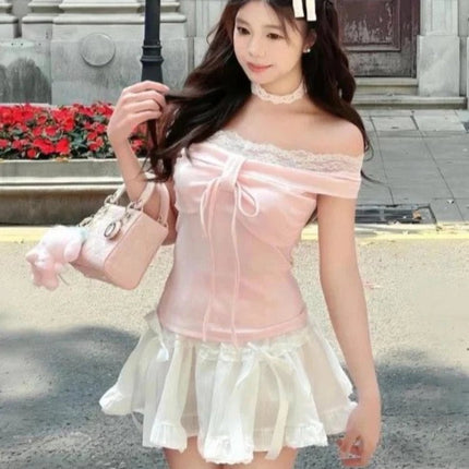 Design dolce con spalle scoperte T-shirt rosa da donna elegante Kawaii slim manica lunga top in pizzo moda femminile abiti skinny adorabili novità - platinumshop