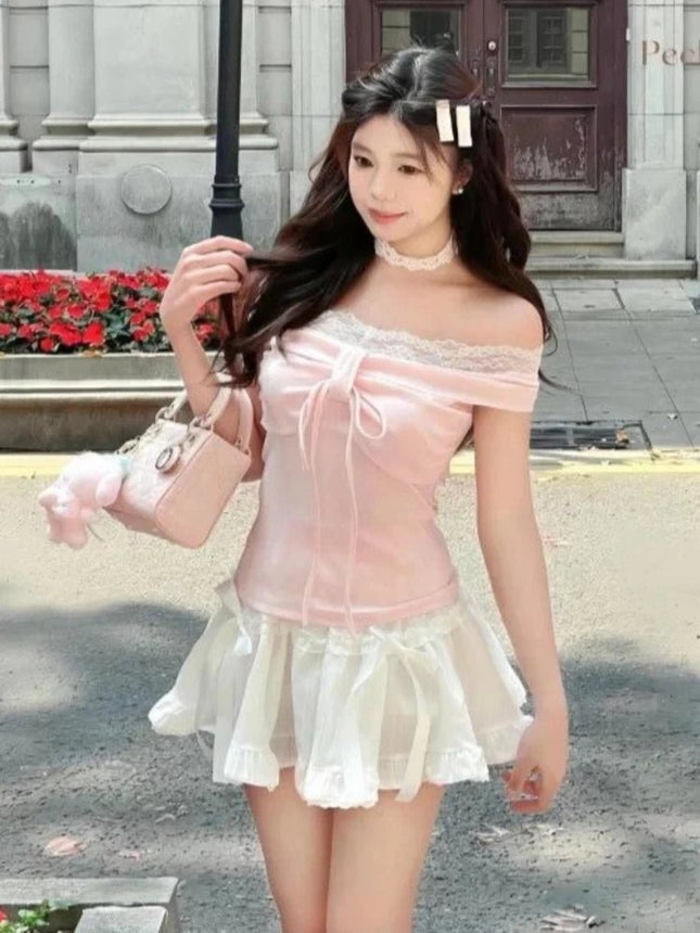 Design dolce con spalle scoperte T-shirt rosa da donna elegante Kawaii slim manica lunga top in pizzo moda femminile abiti skinny adorabili novità - platinumshop