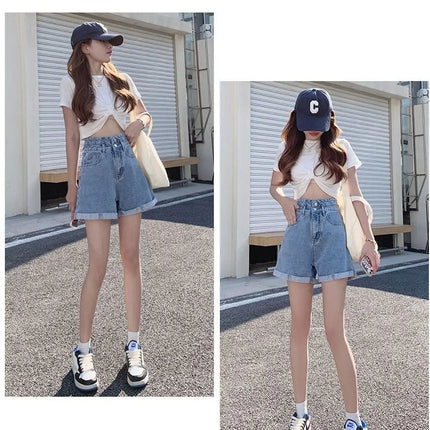 Women's summer thin denim shorts with loose fit high waist slimming effect wide legs and rolled edge hot pants for outerwear PlatiNum