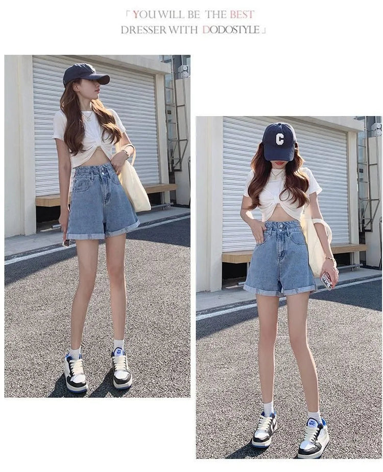 Women's summer thin denim shorts with loose fit high waist slimming effect wide legs and rolled edge hot pants for outerwear PlatiNum