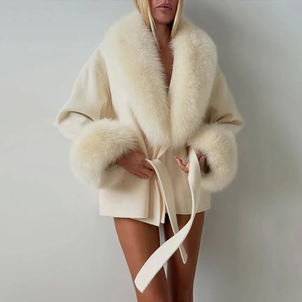 TARUXY Women Luxurious Faux Fox Fur Collar Long Jacket Elegant Solid Long-Sleeved Loose Lace Up Street Warm Coat 2026 Winter New
