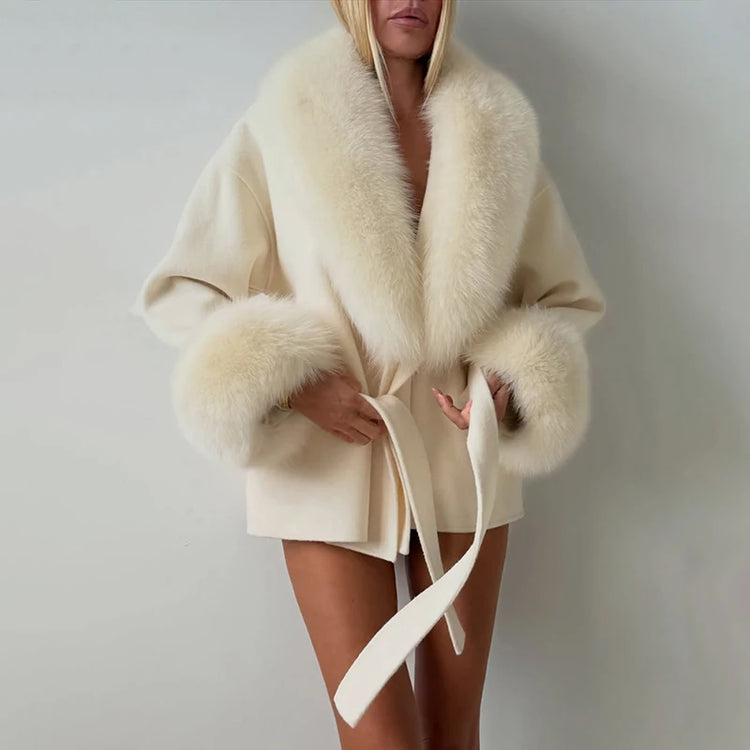 TARUXY Women Luxurious Faux Fox Fur Collar Long Jacket Elegant Solid Long-Sleeved Loose Lace Up Street Warm Coat 2026 Winter New