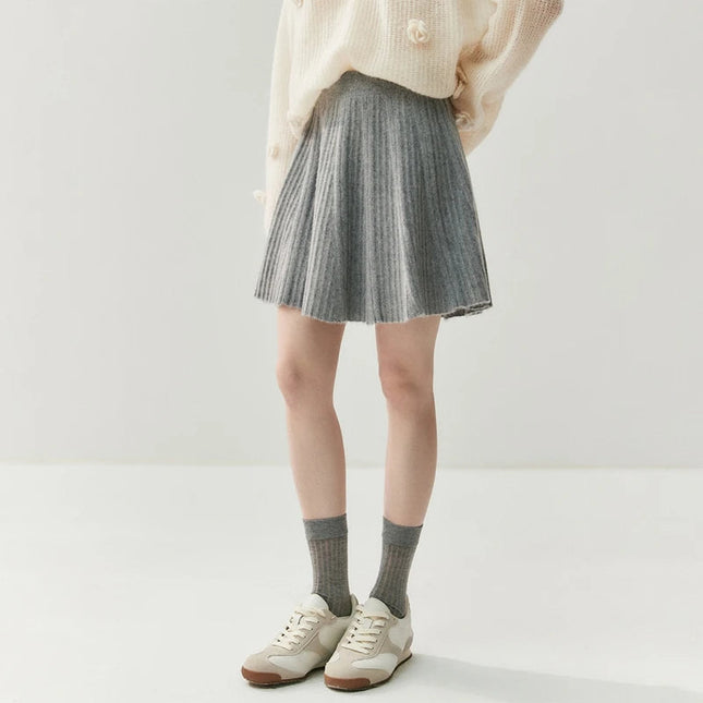Luxury Women's 100% Cashmere Pleated Short Skirt Spring Autumn Winter Wear Lady's Preppy Style Pleated Skirt Cashmere Knitted C PlatiNum