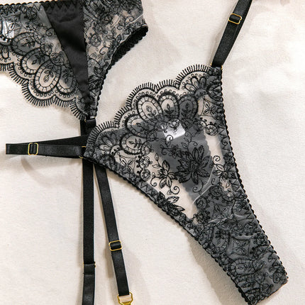 Sexy Wine Red Lace Trim Underwire Bra Lingerie Set Cut Out Garter Belt Matching Thong Intimate Sheer Nightwear Apparel Women