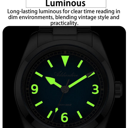 ADDIESDIVE New 36Mm Men's Quartz Watch Retro Dial Sapphire Glass 100M Waterproof Stainless Steel Night Light Retro Quartz Watch