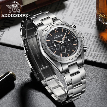 ADDIESDIVE Watch New 37mm Chronograph Men Quartz Wristwatch Domed Glass 316L Stainless Steel 100m Waterproof C3 Luminous AD2552