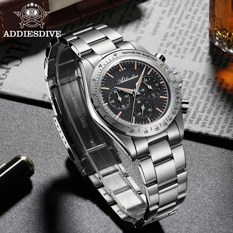ADDIESDIVE Watch New 37mm Chronograph Men Quartz Wristwatch Domed Glass 316L Stainless Steel 100m Waterproof C3 Luminous AD2552