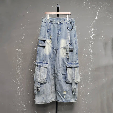 IEFB Jeans da uomo stile americano tinta unita multi tasche pantaloni casual usurati decostruzione pantaloni in denim a gamba larga 9W4066
