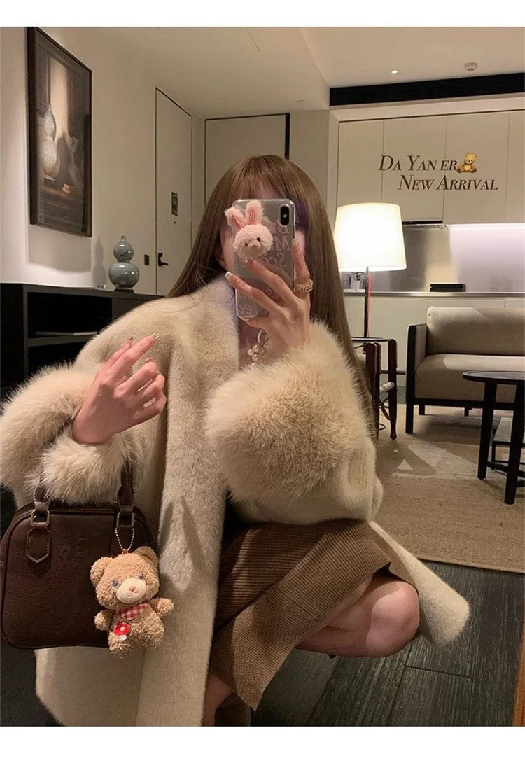 2026 Imported Velvet Mink Fur Coat With Mink Fur Collar,Temperament  Medium Length Fur Jacket Women