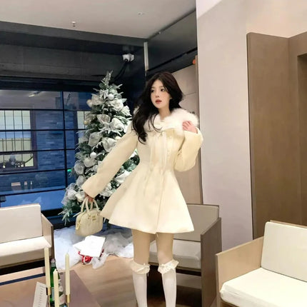 Christmas Lolita Kawaii Long Sleeve Long Blend Women Casual Pure Color Coat Sweet Anime Button Patchwork Bows 2025 Autumn