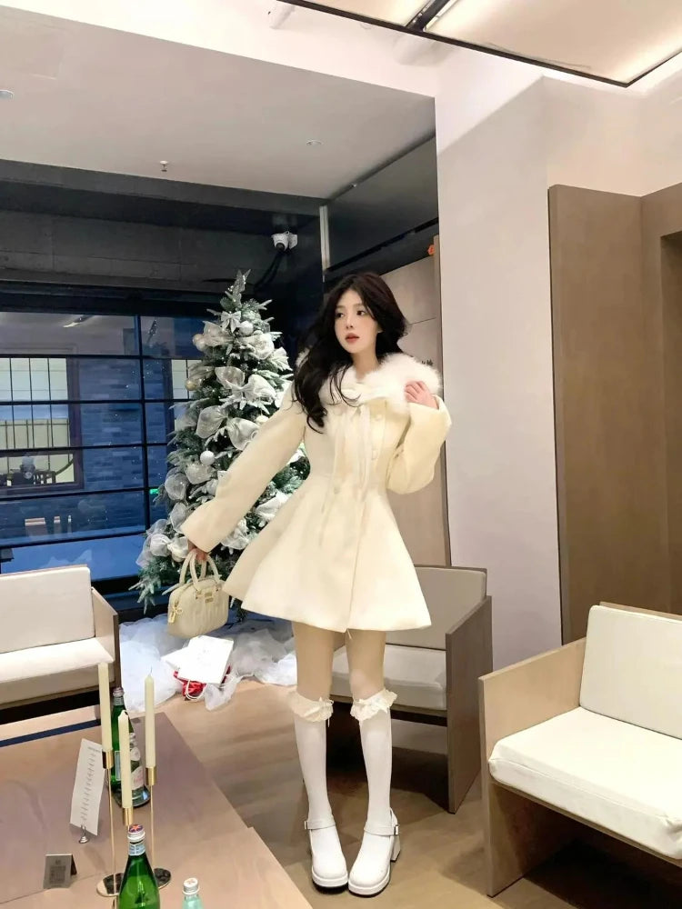 Christmas Lolita Kawaii Long Sleeve Long Blend Women Casual Pure Color Coat Sweet Anime Button Patchwork Bows 2025 Autumn