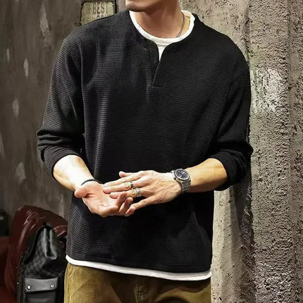 Spring and Autumn New Men Henley neck T Shirt Long Sleeve Casual  Solid color T-Shirt Fashion Waffle Fake two-piece Sweatshirts PlatiNum