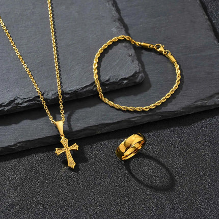 Set di Gioielli Hip Hop da Uomo 3 Pezzi, Ciondolo a Croce in Acciaio Inossidabile, Bracciale con Catena a Corda Intrecciata, Set di Gioielli Regalo per Papà, Figlio, Marito platinumshop
