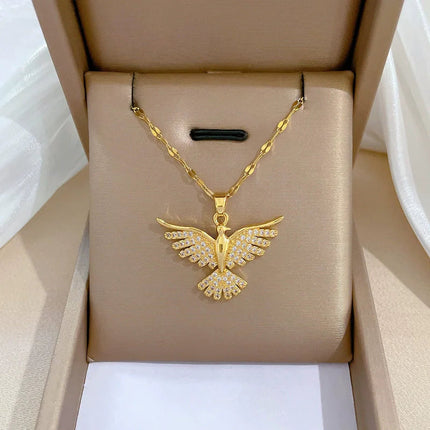 EILIECK 316L Stainless Steel Shine Cubic Zirconia Swan Pendant Necklace Gold Color Texture Metal Personalized Jewelry Neck Chain PlatiNum