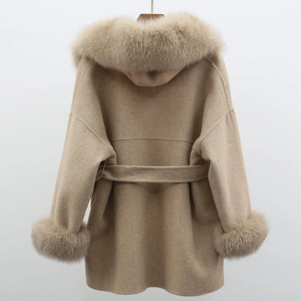 MISSJANEFUR Wool Coat with Real Fox Fur Collar Cuff Women Fashion Belted Cashmere Coats Warm Winter Hooded Trench Peacoat