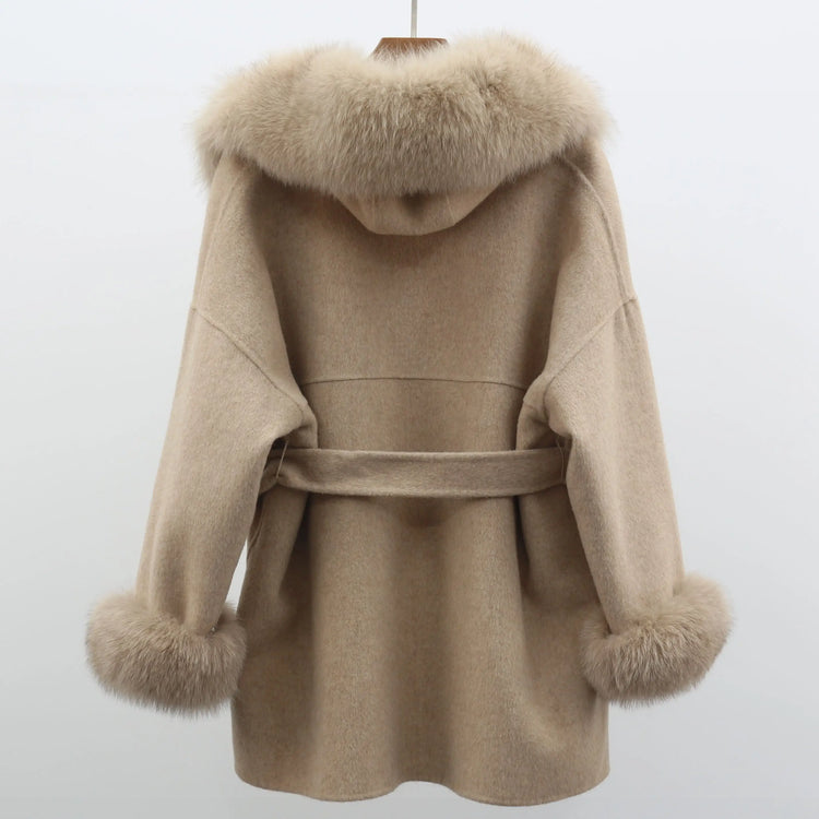 MISSJANEFUR Wool Coat with Real Fox Fur Collar Cuff Women Fashion Belted Cashmere Coats Warm Winter Hooded Trench Peacoat