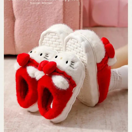 Women Cute Hello Kitty Thick Platform Plush Slippers Warm Fuzzy Non-Slip Bowknots Winter Indoor Bedroom Cozy Fluffy House Slides