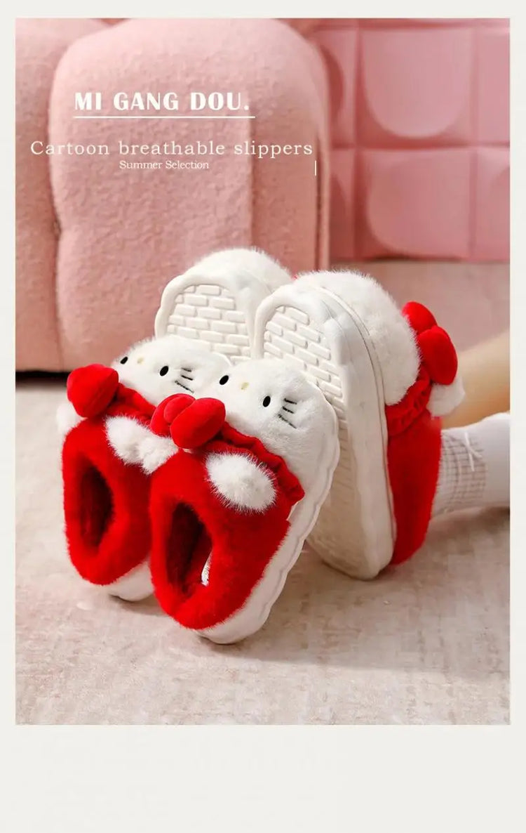 Women Cute Hello Kitty Thick Platform Plush Slippers Warm Fuzzy Non-Slip Bowknots Winter Indoor Bedroom Cozy Fluffy House Slides