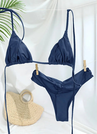 Set Bikini Sexy con Pieghe, Micro Bikini Tinta Unita, Costume da Bagno Femminile a Triangolo, Abbigliamento da Spiaggia platinumshop