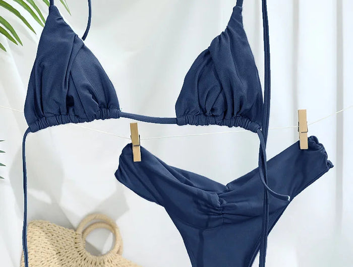 Set Bikini Sexy con Pieghe, Micro Bikini Tinta Unita, Costume da Bagno Femminile a Triangolo, Abbigliamento da Spiaggia platinumshop