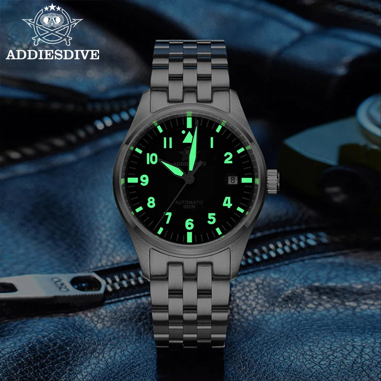 ADDIESDIVE Classic Men's watch Sapphire Automatic 8215 Stainless Steel Pilot watch Leather Luminous 200m Diving Dress Watch New