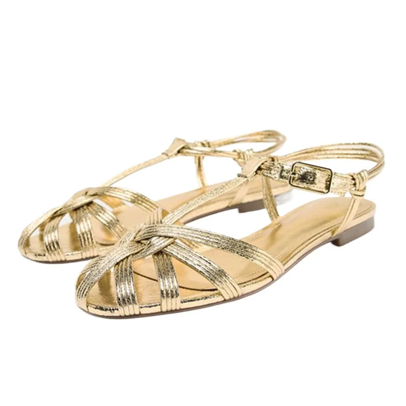 Luxury Gold Flat Sandals Women Summer Hollow Design Gladiator Sandals Comfortable Ankle Strap Casual Beach Shoes Mules Sandalias