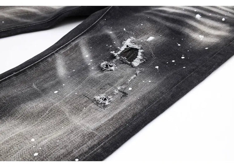 Street Designer Fashion Men Jeans High Quality Retro Black Gray Stretch Slim Fit Ripped Jeans Men Brand Vintage Y2K Denim Pants PlatiNum