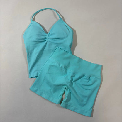 Yoga 2pcs Impact Gym Set Women Backless Tank Tops High Waist Scrunch Seamless Shorts Fitness Clothes Activewear Workout Sets