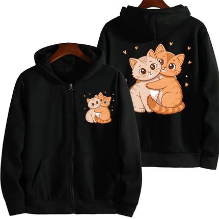 Zip‑Up Hoodie Funny Climbing Cats Graphic Print Long Sleeve Hooded Sweatshirt Front & Back Printed Casual Loose Jacket Outerwear