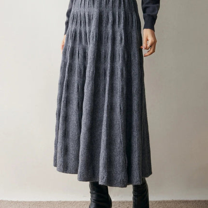 Women Cashmere Skirt A-Line Jacquard Elastic Waist Flared Skirt Autumn Winter 100% Cashmere Knitted Office Lady Curled Hem Dress PlatiNum