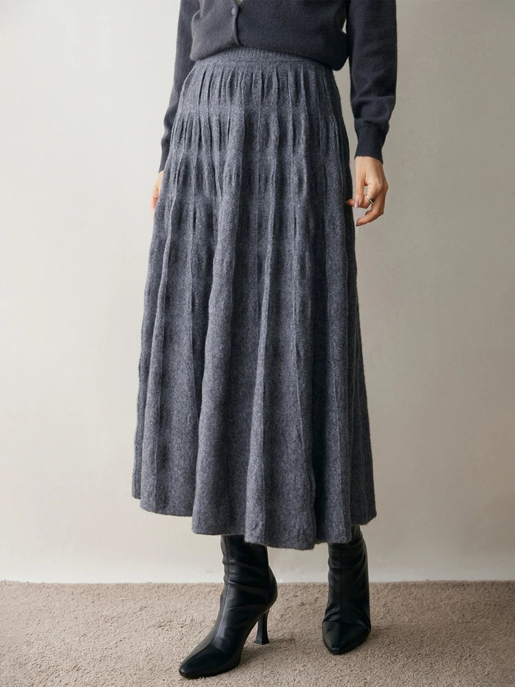 Women Cashmere Skirt A-Line Jacquard Elastic Waist Flared Skirt Autumn Winter 100% Cashmere Knitted Office Lady Curled Hem Dress PlatiNum