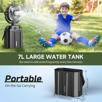 Ventilatore nebulizzatore portatile Ventilatore girevole automatico ricaricabile con batteria USB da 25000 mAh come Power Bank 4 Mist Cooler Secchio da 7 litri per esterni