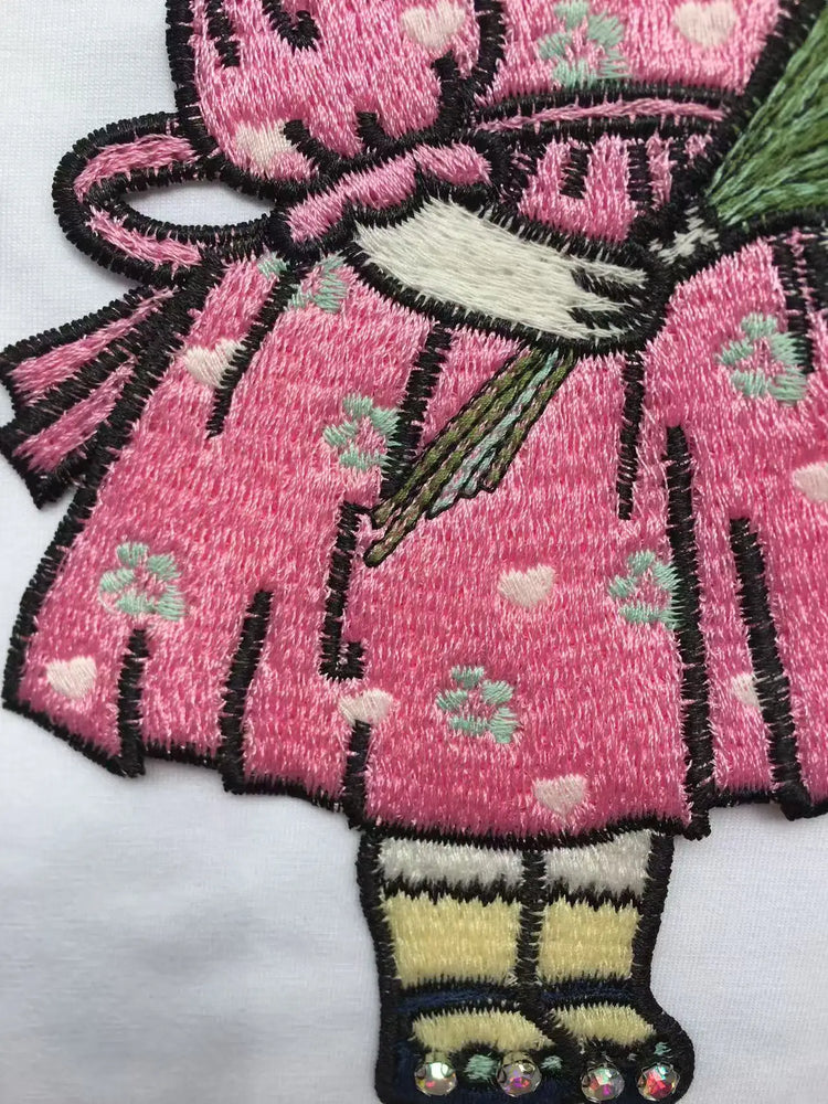 T-shirt da donna a maniche corte girocollo casual con stampa cartoon, oversize, stile Y2K, patchwork, con strass, moda estiva