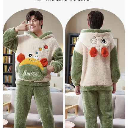 Couples Pajamas Women Men Winter Thicken Pyjamas Sleepwear Cartoon Dinosaur Korean Lovers Homewear Soft Warm Hoodies Pijama