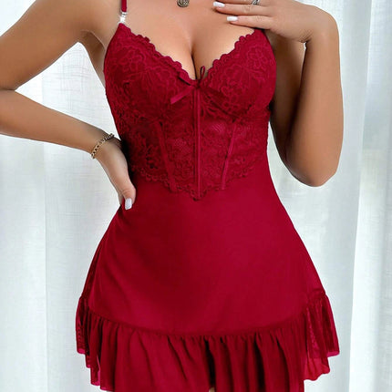 Set di lingerie sexy da donna con camicia da notte in pizzo con scollo a V e vestaglia in rete trasparente, abbigliamento da notte casual da donna