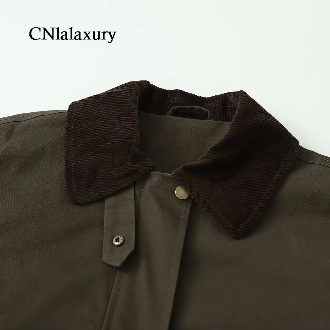 CNlalaxury Women 2025 Autumn New Fashion Contrast Collar Long Sleeve Jacket Casual Warm Coat High Street Outerwear Mujer