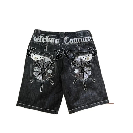 American Vintage Popular New Pattern Embroidery Baggy Denim Shorts Men Street Fashion Gothic Casual Joker Shorts Women Clothing PlatiNum