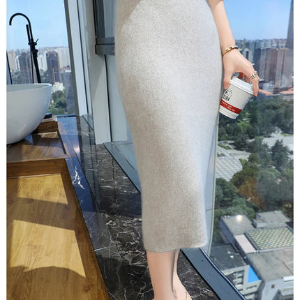 100% Mink Cashmere Half Skirt Women Mid-Long Elastic High Waisted A-line Skirt Loose Knit Hip Skirt Autumn Straight Tube Skirts PlatiNum