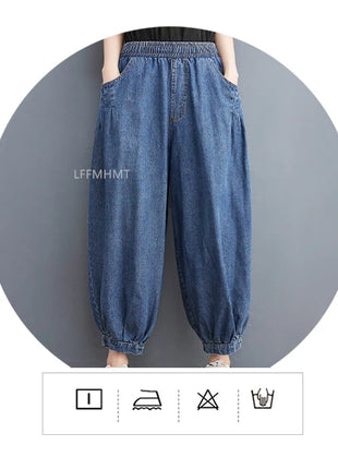 Jeans Vintage tinta unita da donna moda estiva pantaloni larghi in Denim elasticizzato in vita femminile pantaloni Harem alla caviglia stile giapponese