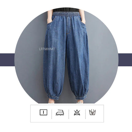 Jeans Vintage tinta unita da donna moda estiva pantaloni larghi in Denim elasticizzato in vita femminile pantaloni Harem alla caviglia stile giapponese
