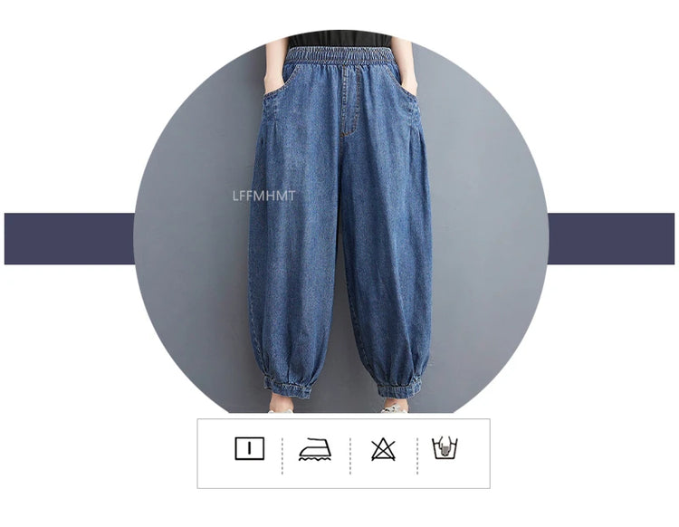 Jeans Vintage tinta unita da donna moda estiva pantaloni larghi in Denim elasticizzato in vita femminile pantaloni Harem alla caviglia stile giapponese