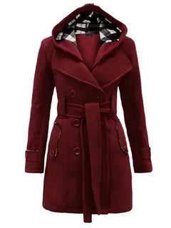 2026 Autumn Women's Hooded Overcoat Trend Double-Breasted Design Belt Side Pockets Plaid Splice Woolen Coats Winter Jacket Femme